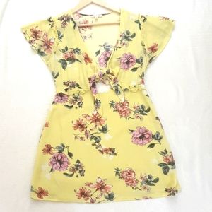 Yellow mustard floral mini dress front tie closure